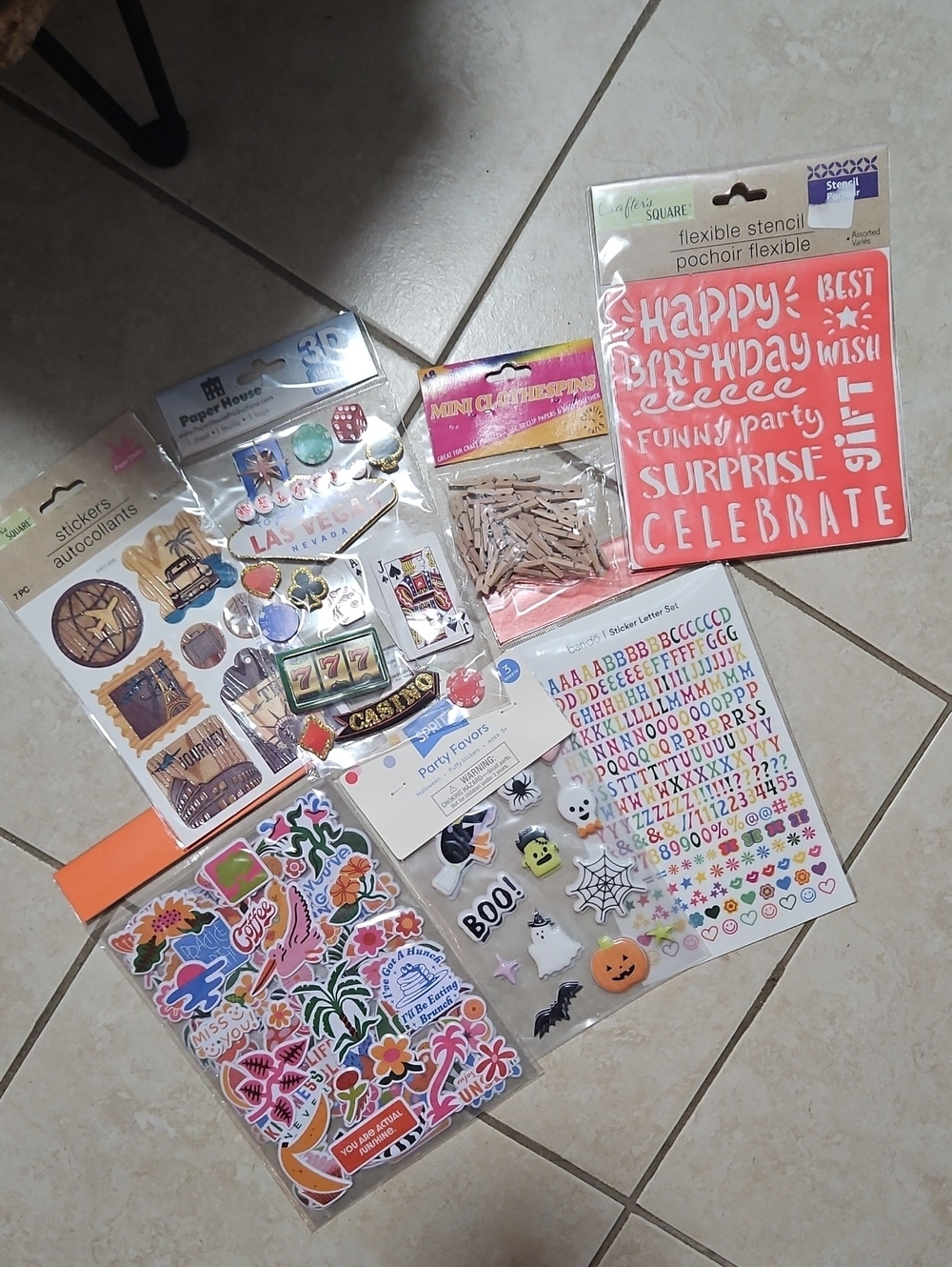 7 Assorted Decorative Scrapbooking Sticker and Stencil Pack - Travel Vacation